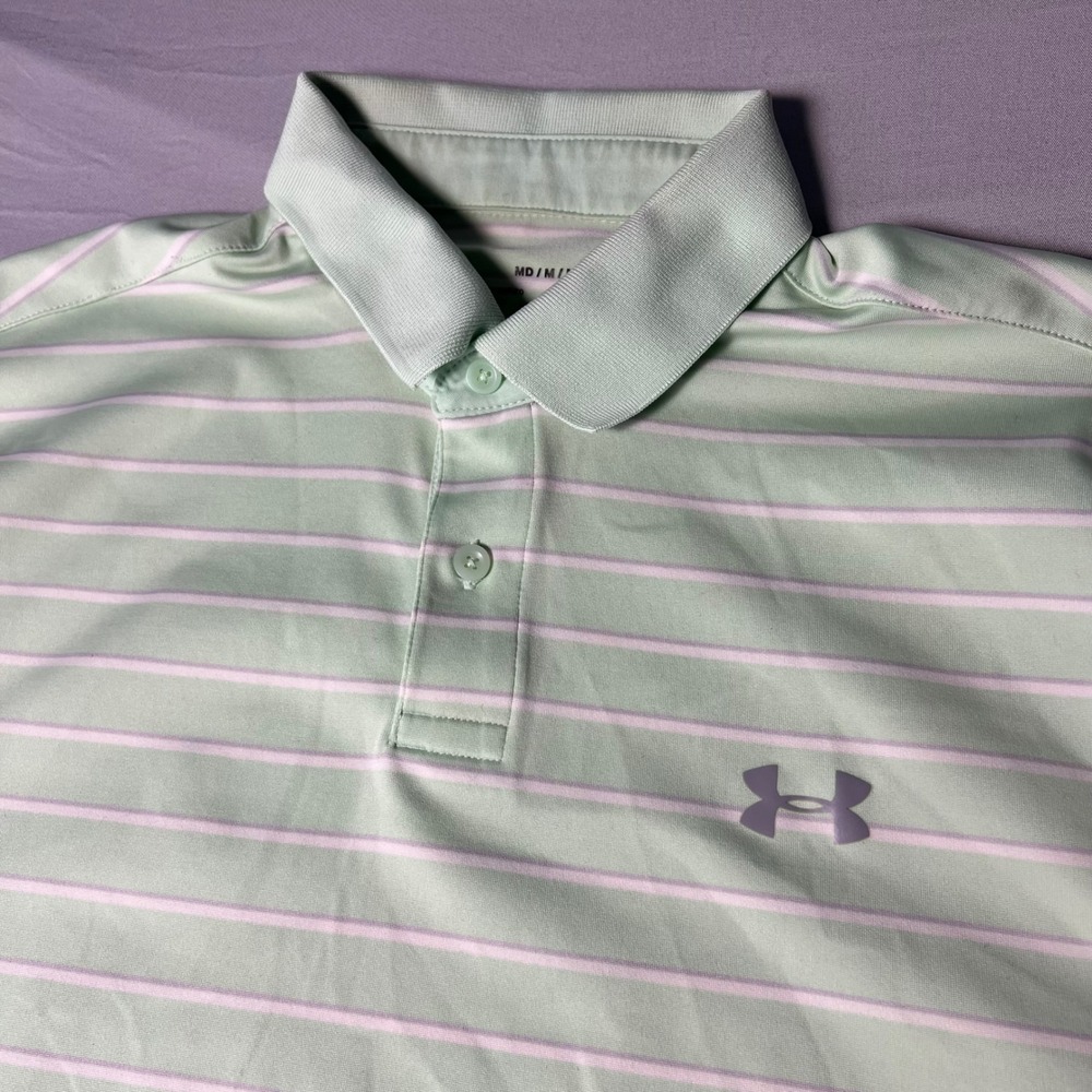Under Armour HeatGear Mens Polo Shirt Medium Mint Green Gray Striped Loose Fit